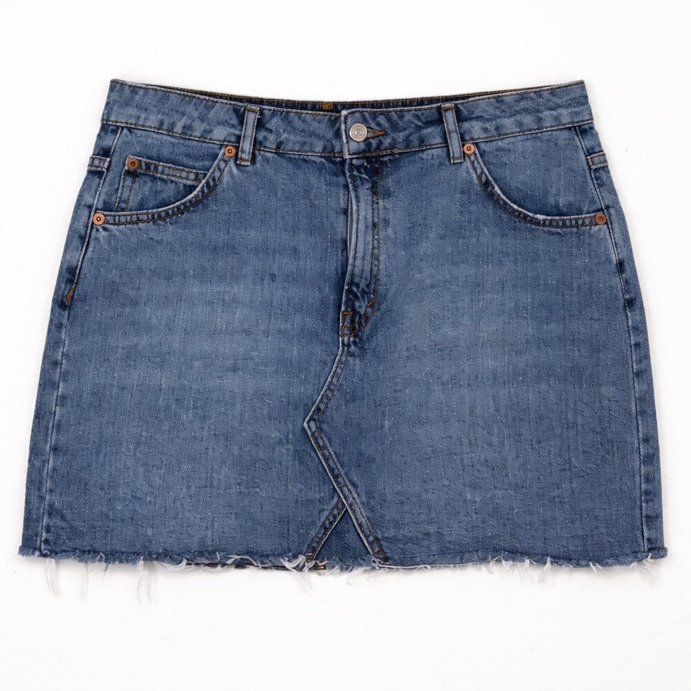 Topshop Moto Denim Mini Skirt Raw Hem Blue Jean Size 10